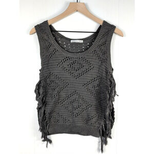 Autumn Cashmere Knit Sweater Vest Womens S Gray Fringe Sleeveless Boho Chic